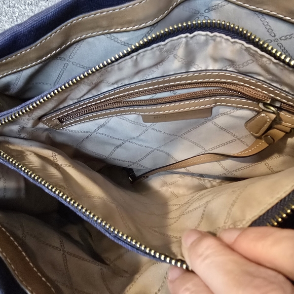 Michael Kors Mercer Large Canvas Leather Concertible Tote Navy Cream Tan - Picture 11 of 16